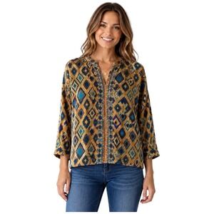 Johnny Was Silk Blend Ikat Diamond Velvet Burnout Blouse XS Yellow Blue C18520-D